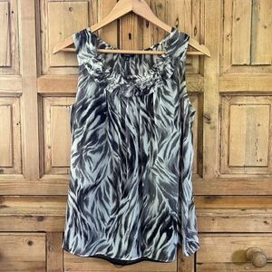 Women's Talbots 8 Double Layered Blouse Sheer Gray White Black‎ Ruffle Neck